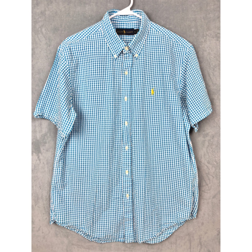 Ralph Lauren Mens Blue White Gingham Short Sleeve Button Down Shirt Large